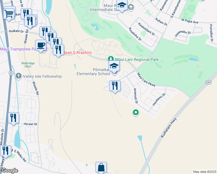 map of restaurants, bars, coffee shops, grocery stores, and more near 15 Meheu Circle in Kahului