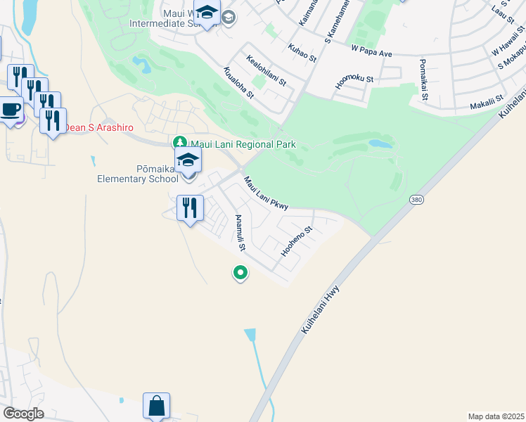 map of restaurants, bars, coffee shops, grocery stores, and more near 72 Hoku Puhipaka Street in Kahului