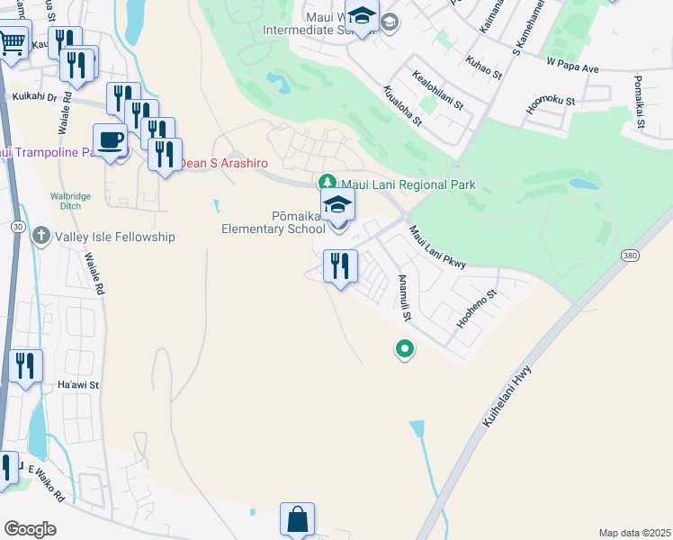 map of restaurants, bars, coffee shops, grocery stores, and more near 160 Meheu Circle in Kahului