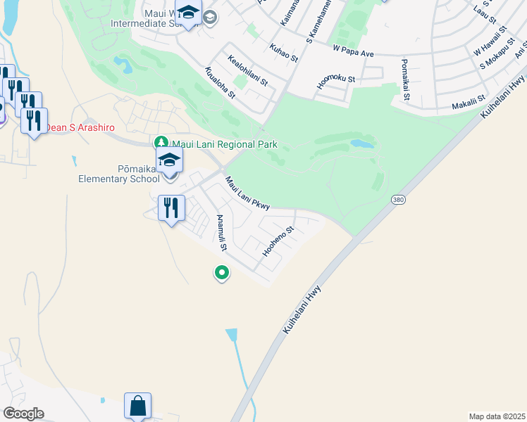 map of restaurants, bars, coffee shops, grocery stores, and more near 56 Papahi Loop in Kahului