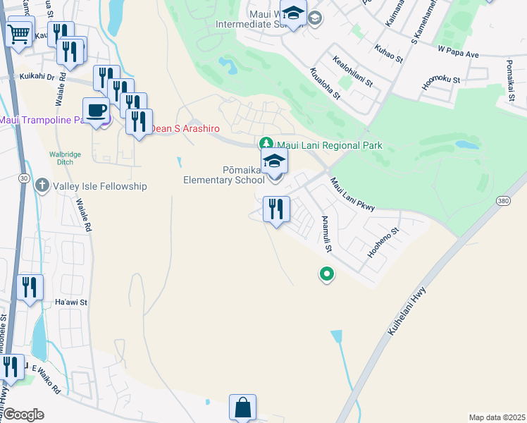 map of restaurants, bars, coffee shops, grocery stores, and more near 17 Meheu Circle in Kahului