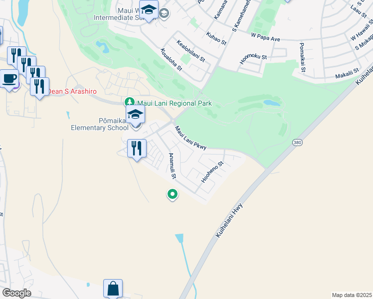 map of restaurants, bars, coffee shops, grocery stores, and more near 70 Hoku Puhipaka Street in Kahului