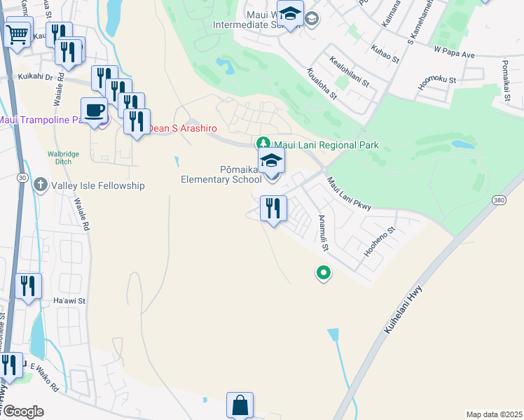 map of restaurants, bars, coffee shops, grocery stores, and more near 19 Meheu Circle in Kahului
