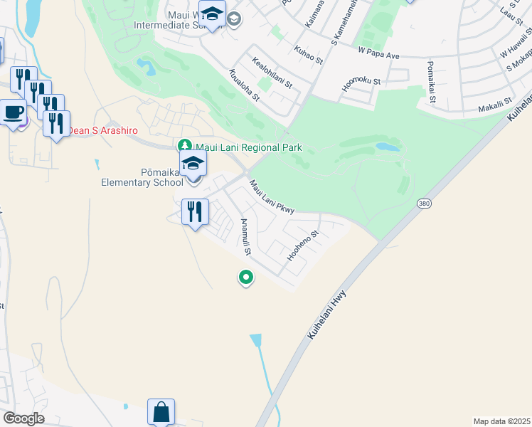 map of restaurants, bars, coffee shops, grocery stores, and more near 70 Hoku Puhipaka Street in Kahului