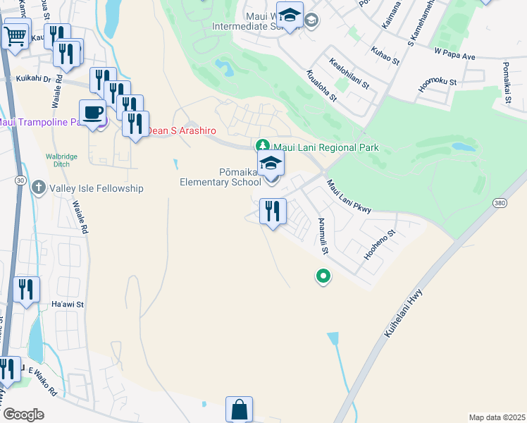 map of restaurants, bars, coffee shops, grocery stores, and more near 21 Meheu Circle in Kahului