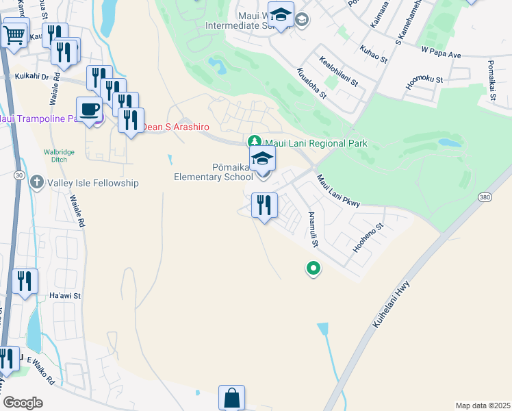 map of restaurants, bars, coffee shops, grocery stores, and more near 23 Meheu Circle in Kahului