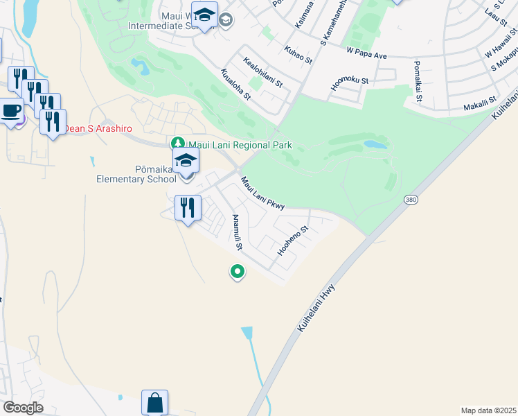 map of restaurants, bars, coffee shops, grocery stores, and more near 70 Hoku Puhipaka Street in Kahului