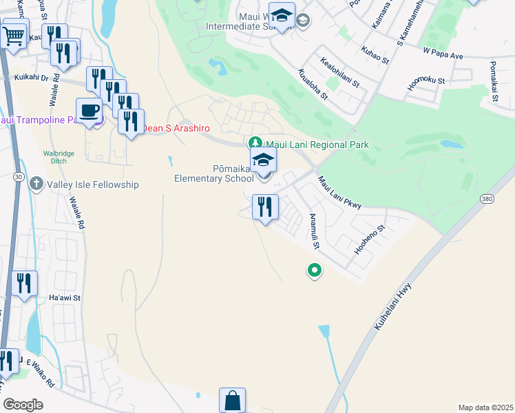 map of restaurants, bars, coffee shops, grocery stores, and more near 23 Meheu Circle in Kahului