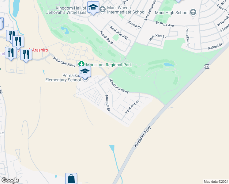 map of restaurants, bars, coffee shops, grocery stores, and more near 66 Hoku Puhipaka Street in Kahului