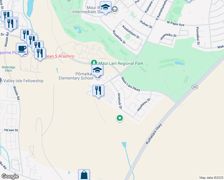 map of restaurants, bars, coffee shops, grocery stores, and more near 73 Meheu Circle in Kahului