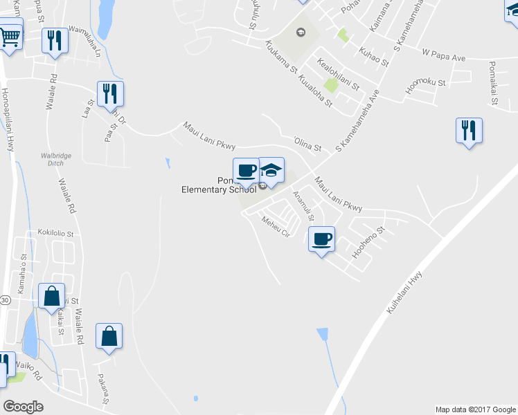 map of restaurants, bars, coffee shops, grocery stores, and more near 27 Meheu Circle in Kahului