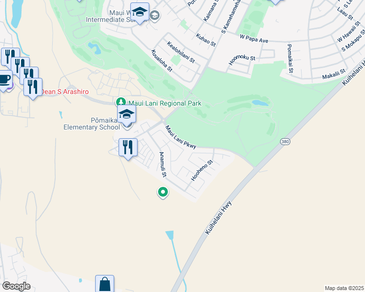 map of restaurants, bars, coffee shops, grocery stores, and more near 73 Hoku Puhipaka Street in Kahului