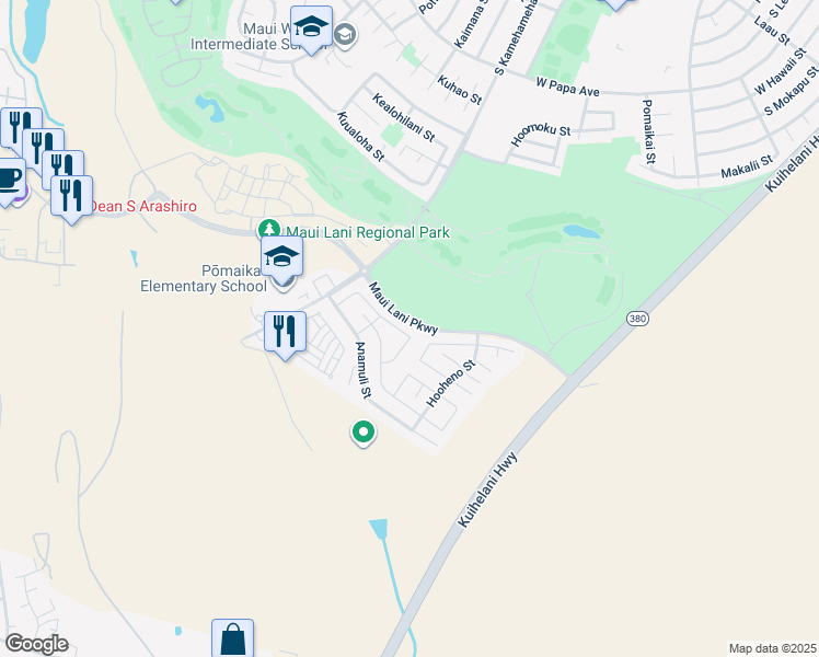 map of restaurants, bars, coffee shops, grocery stores, and more near 73 Hoku Puhipaka Street in Kahului