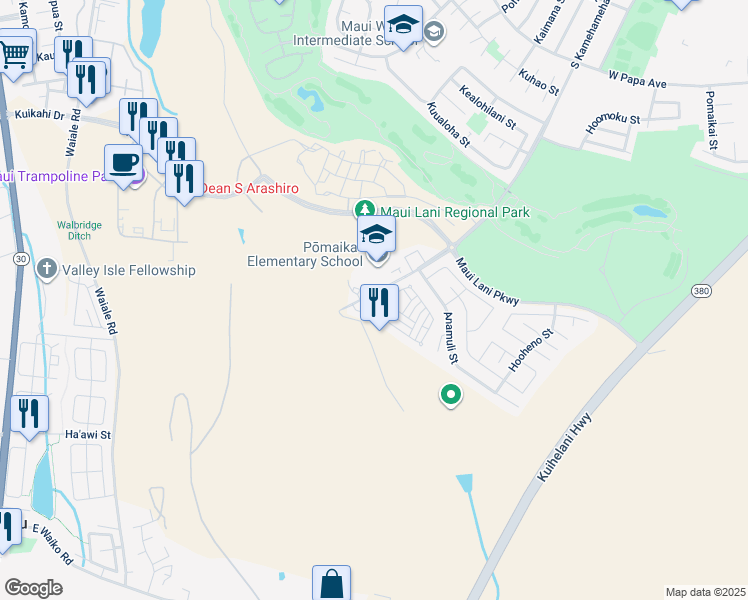 map of restaurants, bars, coffee shops, grocery stores, and more near 29 Meheu Circle in Kahului
