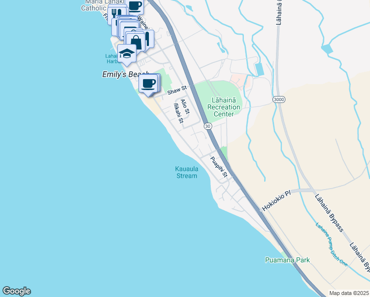 map of restaurants, bars, coffee shops, grocery stores, and more near 327 Front Street in Lahaina