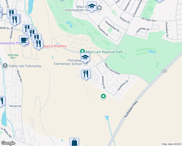 map of restaurants, bars, coffee shops, grocery stores, and more near 63 Meheu Circle in Kahului