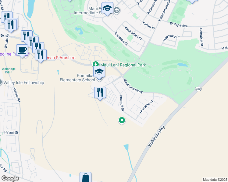 map of restaurants, bars, coffee shops, grocery stores, and more near 71 Meheu Circle in Kahului