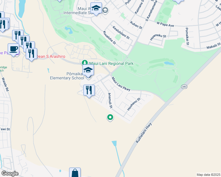 map of restaurants, bars, coffee shops, grocery stores, and more near 251 Molehulehu Place in Kahului