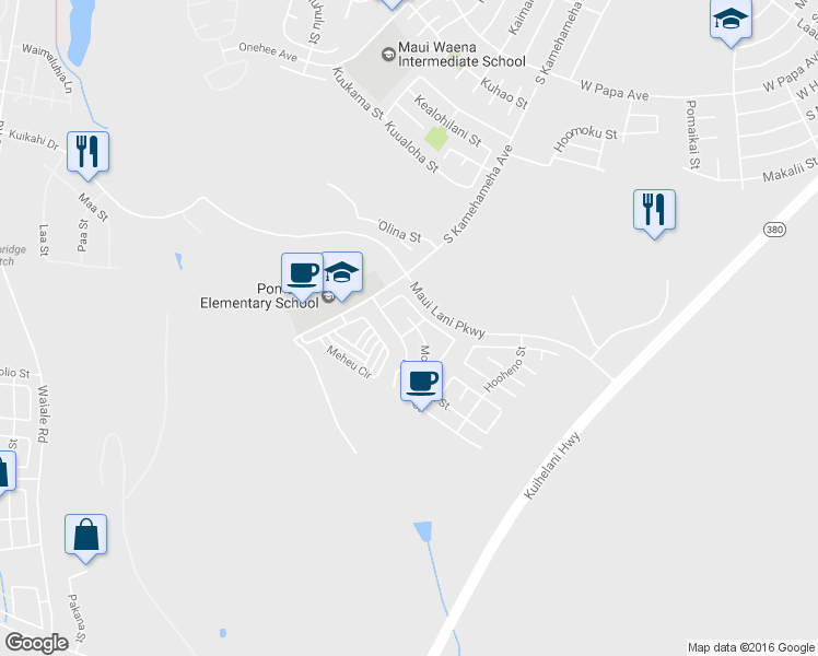 map of restaurants, bars, coffee shops, grocery stores, and more near 251 Molehulehu Place in Kahului