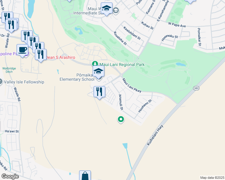 map of restaurants, bars, coffee shops, grocery stores, and more near 69 Meheu Circle in Kahului
