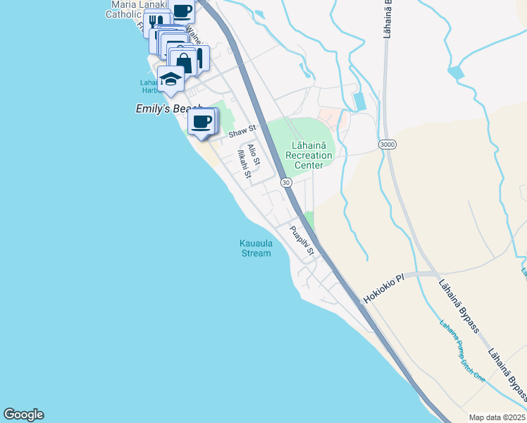 map of restaurants, bars, coffee shops, grocery stores, and more near 327 Front Street in Lahaina