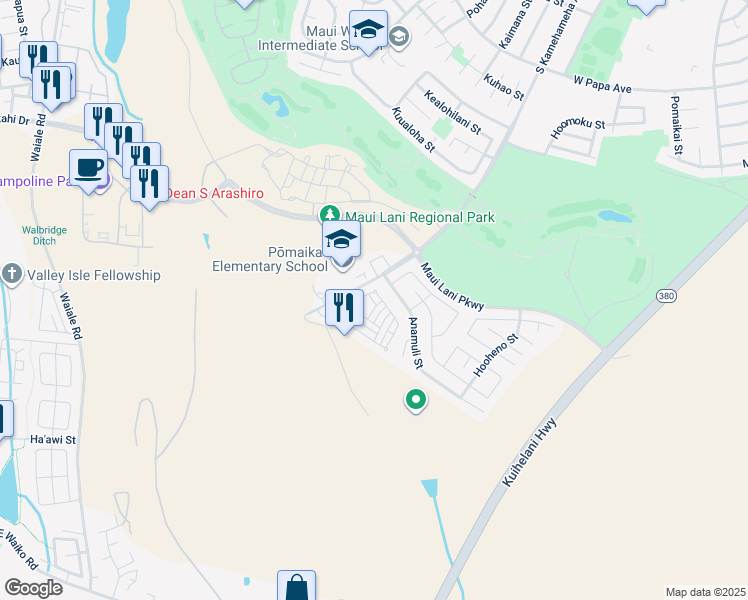 map of restaurants, bars, coffee shops, grocery stores, and more near 62 Meheu Circle in Kahului