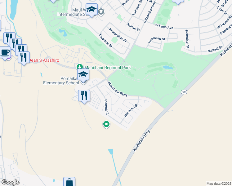 map of restaurants, bars, coffee shops, grocery stores, and more near 67 Hoku Puhipaka Street in Kahului