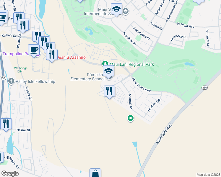 map of restaurants, bars, coffee shops, grocery stores, and more near 35 Meheu Circle in Kahului