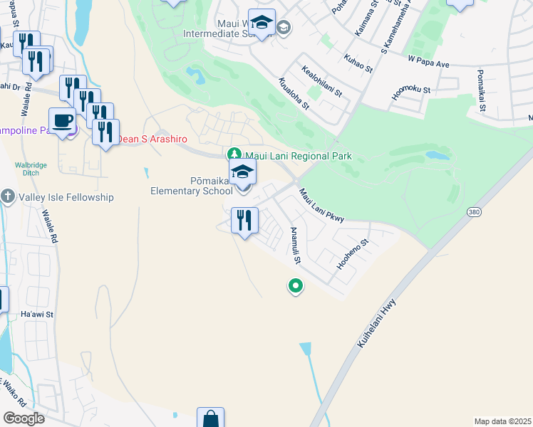 map of restaurants, bars, coffee shops, grocery stores, and more near 62 Meheu Circle in Kahului
