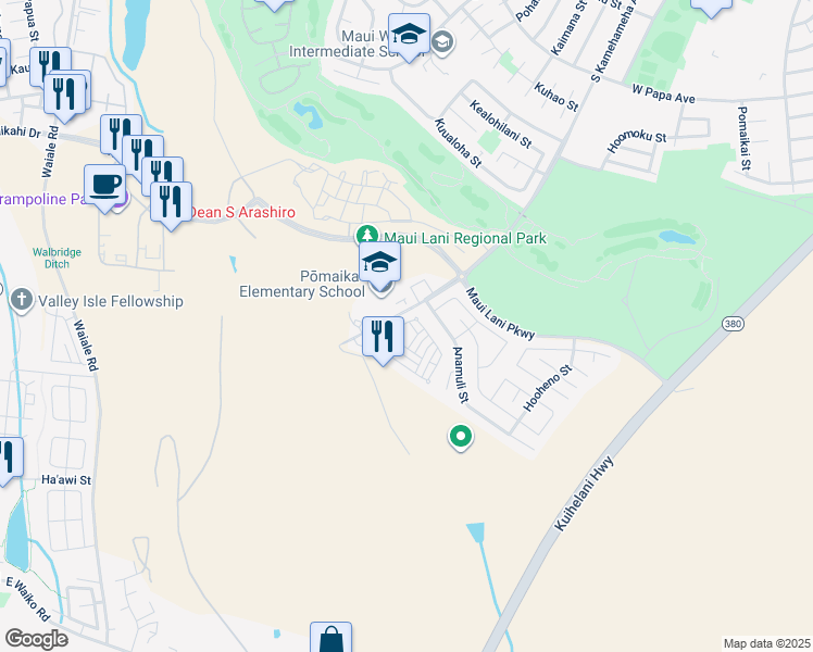 map of restaurants, bars, coffee shops, grocery stores, and more near 250 Aneo Lane in Kahului