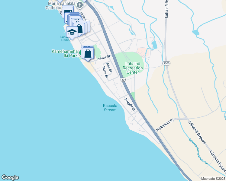 map of restaurants, bars, coffee shops, grocery stores, and more near 327 Front Street in Lahaina
