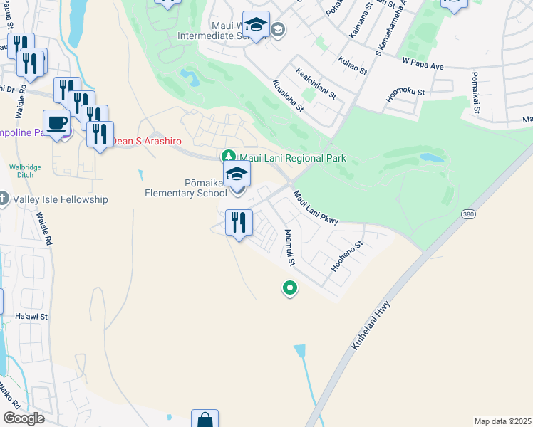 map of restaurants, bars, coffee shops, grocery stores, and more near 63 Meheu Circle in Kahului