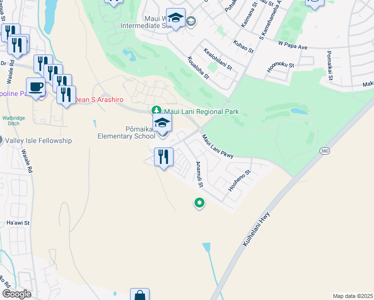 map of restaurants, bars, coffee shops, grocery stores, and more near 24 Anamuli Street in Kahului