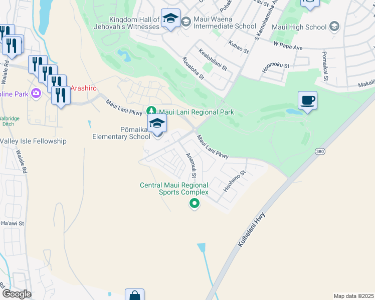 map of restaurants, bars, coffee shops, grocery stores, and more near 35 Anamuli Street in Kahului