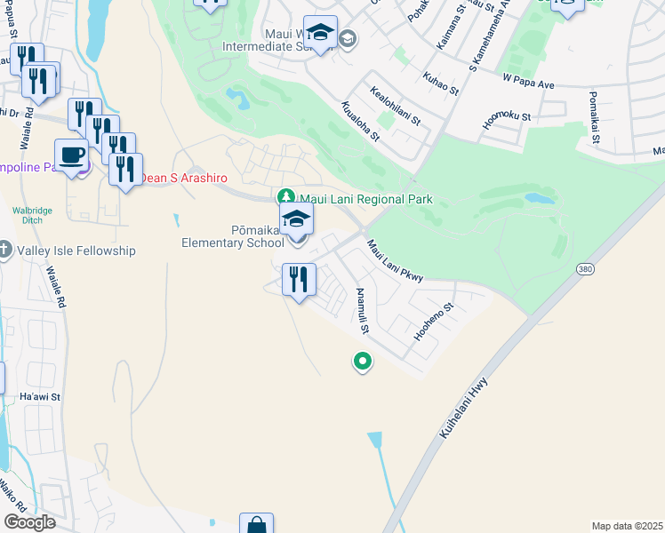 map of restaurants, bars, coffee shops, grocery stores, and more near 61 Meheu Circle in Kahului