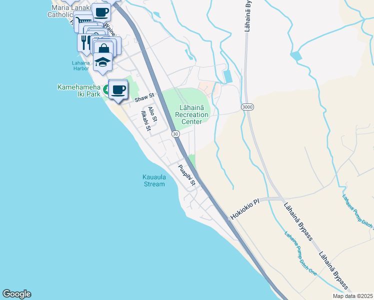 map of restaurants, bars, coffee shops, grocery stores, and more near 340 Aulike Street in Lahaina