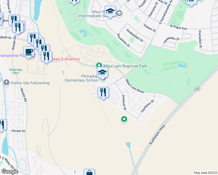 map of restaurants, bars, coffee shops, grocery stores, and more near 47 Meheu Circle in Kahului