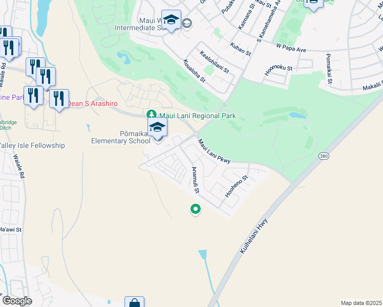 map of restaurants, bars, coffee shops, grocery stores, and more near 28 Hoku Puhipaka Street in Kahului