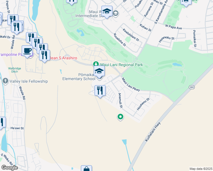 map of restaurants, bars, coffee shops, grocery stores, and more near 49 Meheu Circle in Kahului