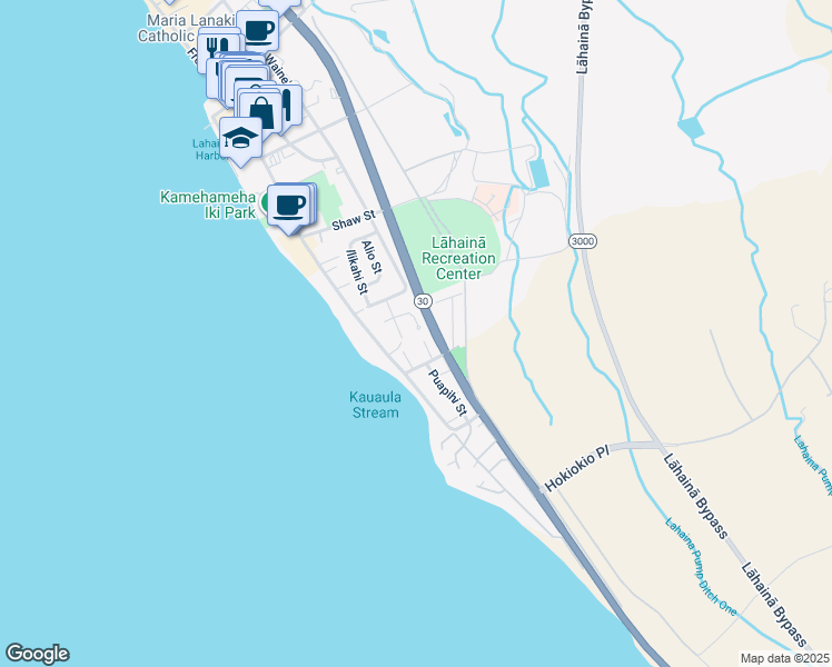 map of restaurants, bars, coffee shops, grocery stores, and more near 94 Kahili Place in Lahaina