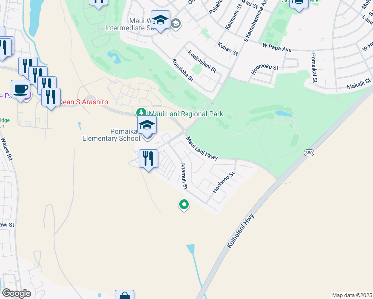 map of restaurants, bars, coffee shops, grocery stores, and more near 48 Hoku Puhipaka Street in Kahului