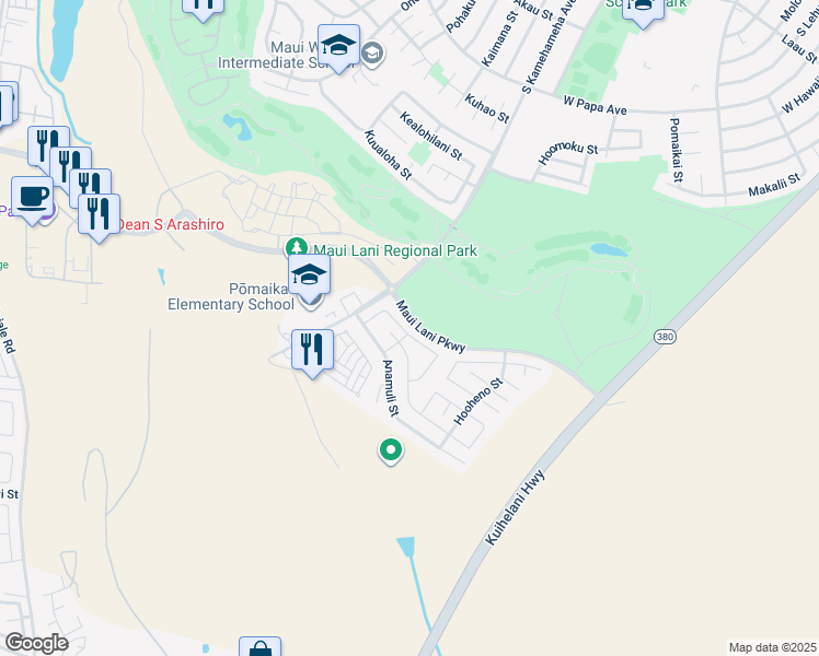 map of restaurants, bars, coffee shops, grocery stores, and more near 51 Hoku Puhipaka Street in Kahului