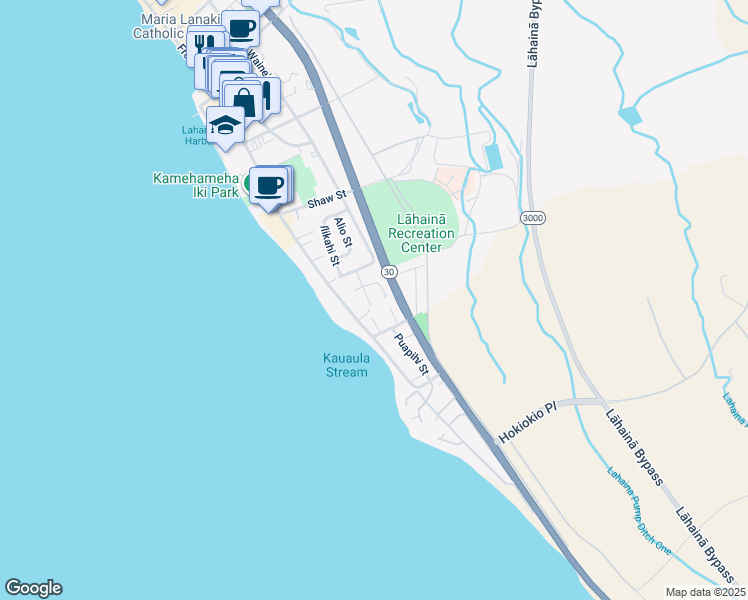 map of restaurants, bars, coffee shops, grocery stores, and more near 344 Kamano Place in Lahaina