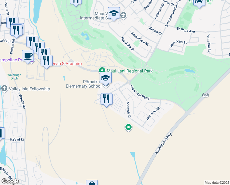 map of restaurants, bars, coffee shops, grocery stores, and more near 53 Meheu Circle in Kahului