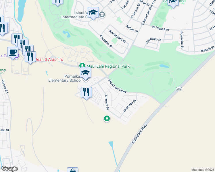 map of restaurants, bars, coffee shops, grocery stores, and more near 46 Hoku Puhipaka Street in Kahului