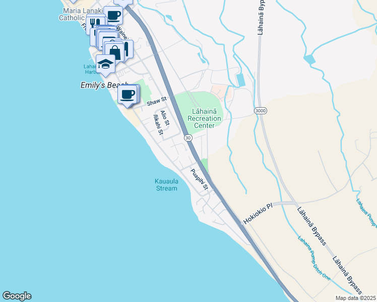 map of restaurants, bars, coffee shops, grocery stores, and more near 95 Kahili Place in Lahaina