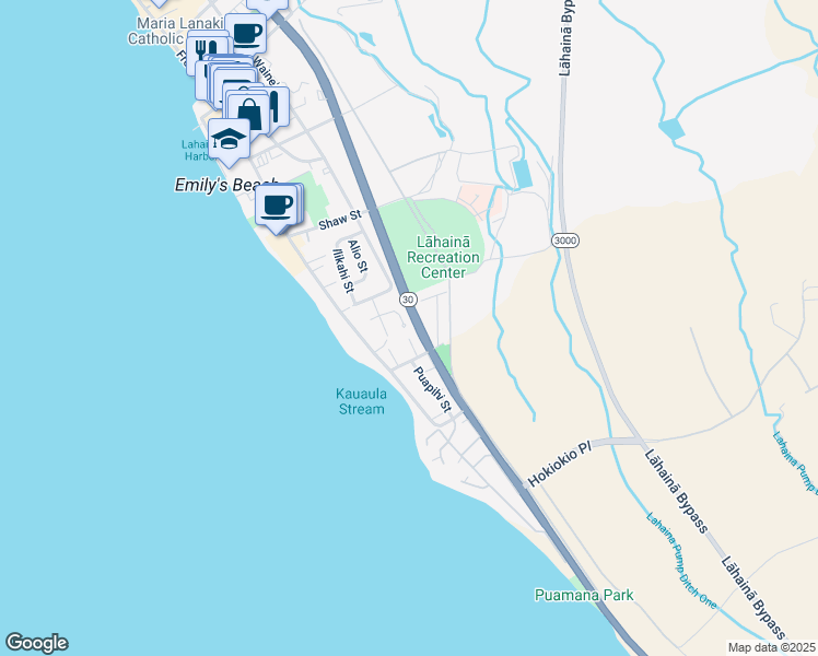 map of restaurants, bars, coffee shops, grocery stores, and more near 95 Kahili Place in Lahaina