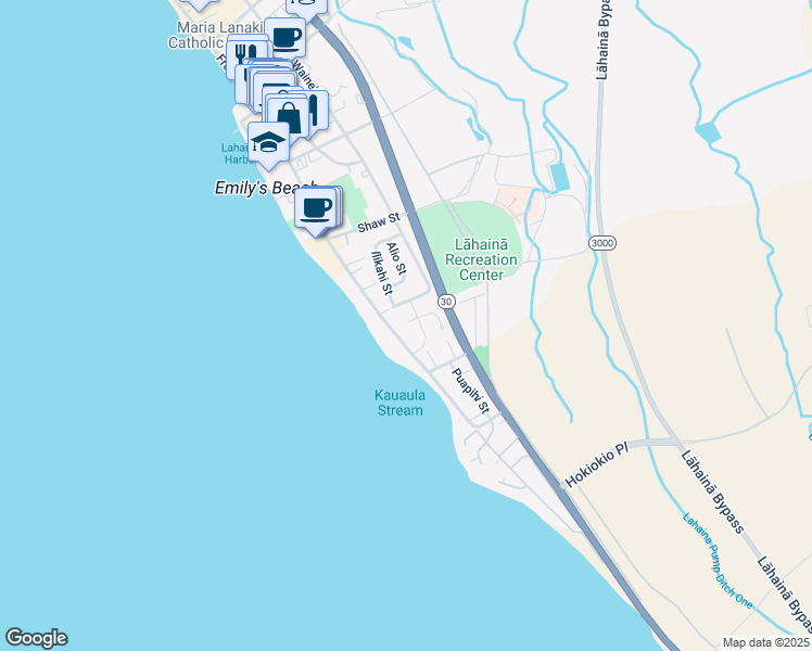 map of restaurants, bars, coffee shops, grocery stores, and more near 28 Kua Place in Lahaina