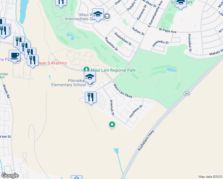 map of restaurants, bars, coffee shops, grocery stores, and more near 40 Hoku Puhipaka Street in Kahului