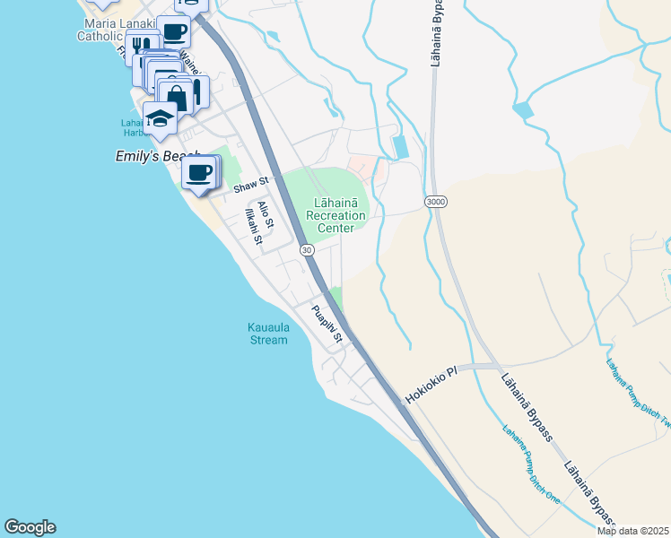 map of restaurants, bars, coffee shops, grocery stores, and more near 332 Aulike Street in Lahaina